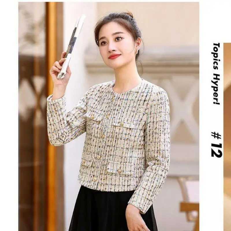 New casual Women Korean Sweet Tweed Jacket Fashion Simple Long Sleeve Coat Elegant Slim Female Chic O Neck Open Stitch Outwear J251103