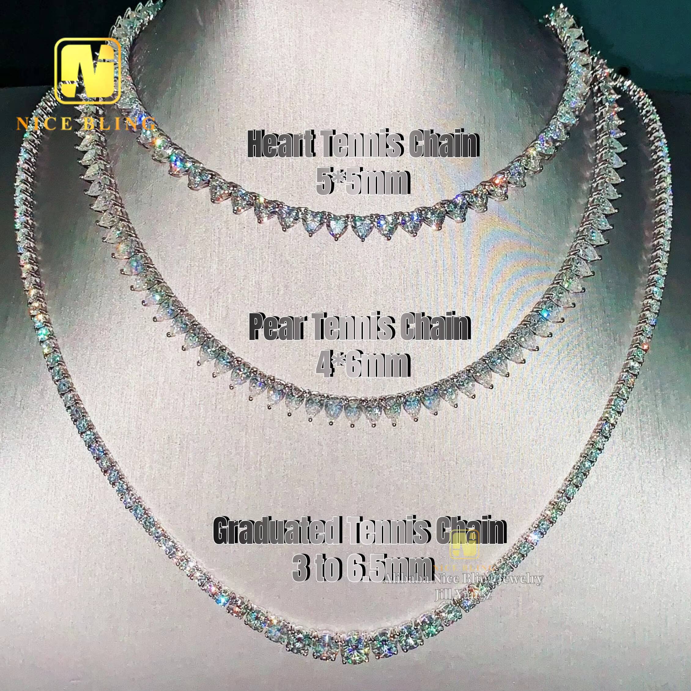 New Model Fancy Shape Tennis Chain Collection Heart Pear Graduated 925 Silver Moissanite Tennis Necklace for Women Girlfriend