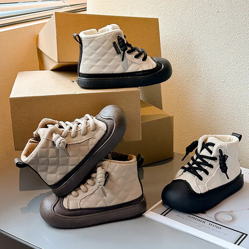 Trendy Plaid Faux Fur Winter Boots for Kids Anti-Slippery Boys And Girls Plush Snow Boots Winter Fashion Childrens Footwear 251112