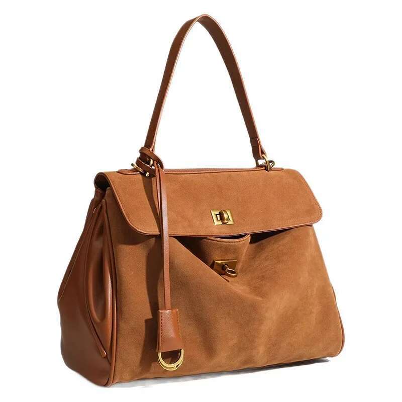 Retro Suede Crossbody Shoulder Bag,Brown Large Capacity Buckle Square Women Handbag,Autumn Winter Commuter Messenger Bags