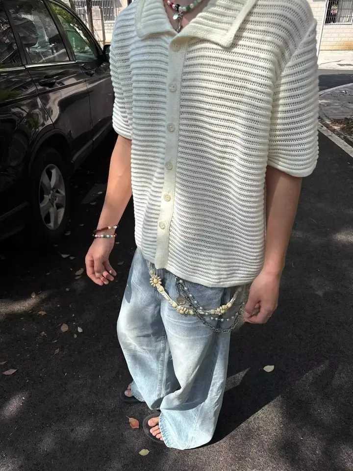 Summer Trendy Hip Hop Personalized Hollow Thin Knitted Short Sleeve Shirt for Men and Women Loose Retro Harajuku Casual Top y2k W250403