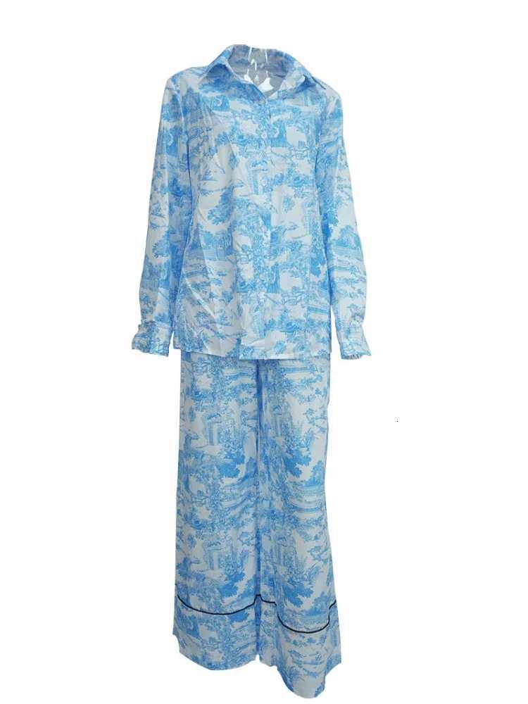 Fashion Fashion Vintage Pattern Printed Outfits Lapel Collar Shirt Long Pant Suit Spring Summer Causal Long Sleeve Loose Pant Sets Y251104