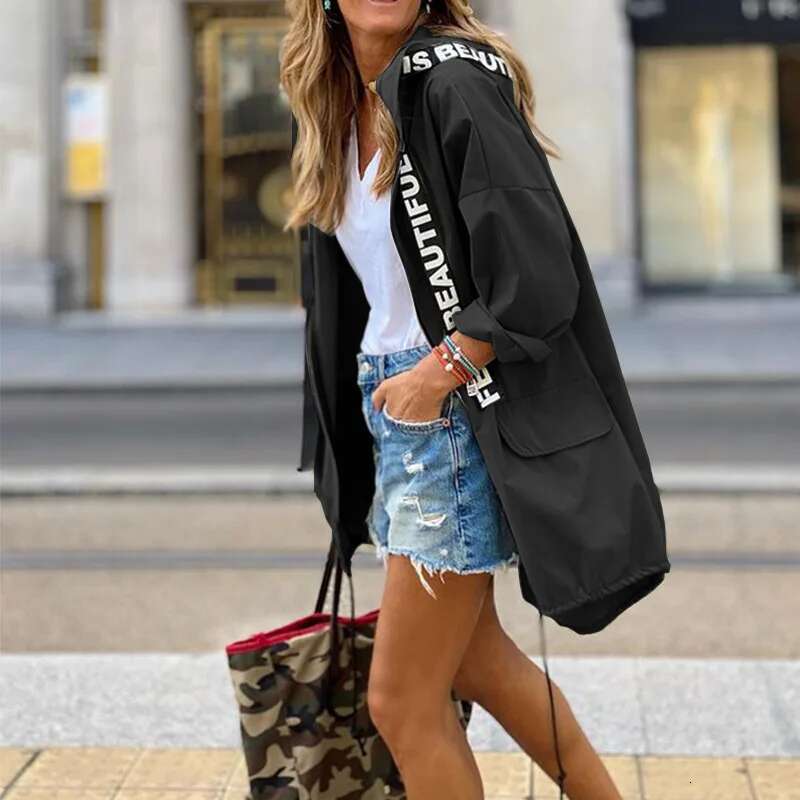 BAMBOOBOY Letter Print Green Trench Spring Autumn Women Coat Loose Zipper Hooded Long Sleeve Overcoat Windbreaker