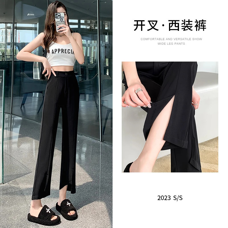 Split Slightly Flared Suit Pants For Women in Summer ice Silk Solid Color With Pockets Thin n High Waist 250403