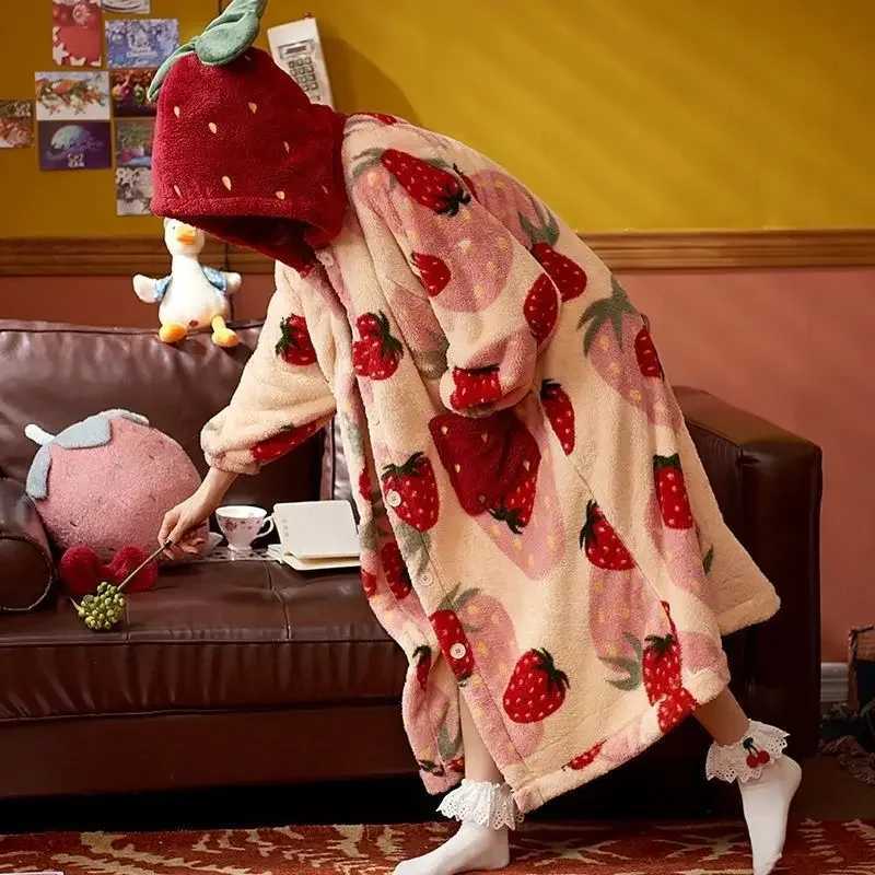 Flannel 2024 Winter Kimono Nightgown Strawberry Cute Home Wear for Women Sleepwear Warm Bathrobe Cartoon Hooded Long Robe C251104