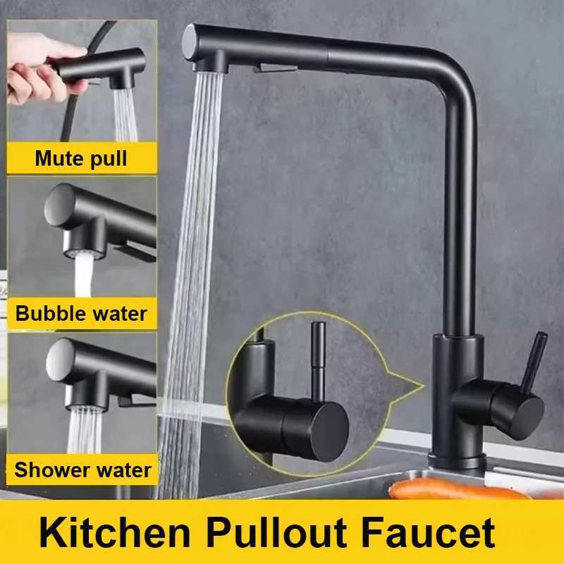 Black Pl Out Kitchen Sink Faucet ible 2 Modes Stream Sprayer Nozzle Faucets Stainless Steel Hot Cold Wate Mixer Tap Deck Y251104