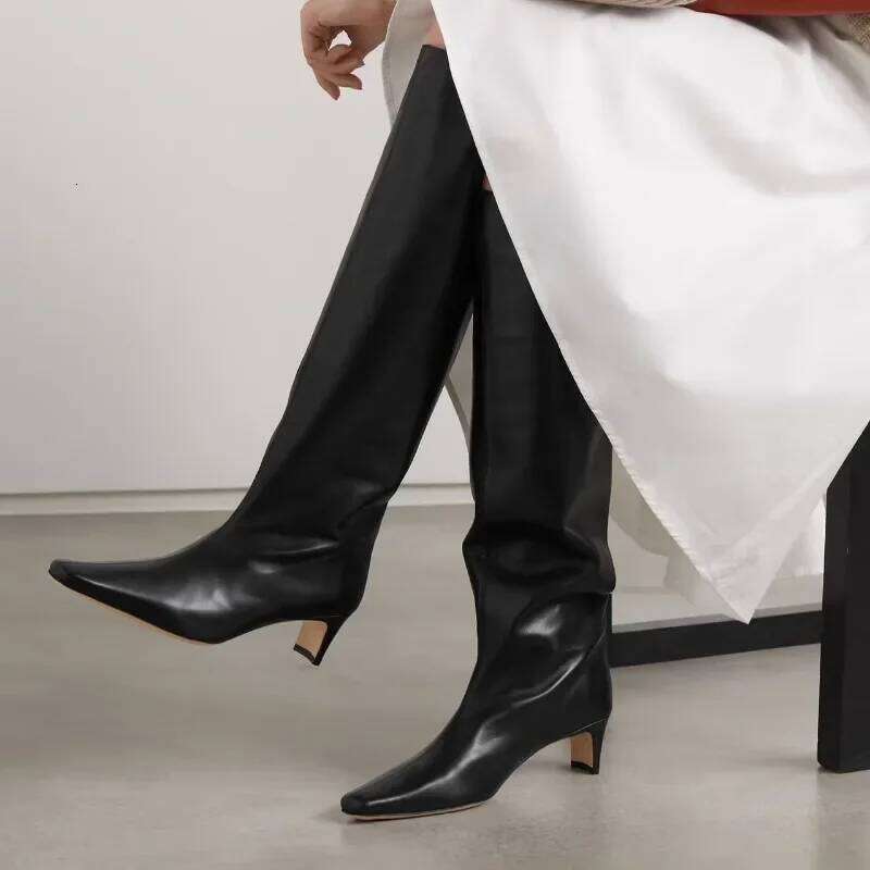 New Autumn Winter Square Toe Low Heeled Suede Long European and American Fashion Black Brown Minimalist Knee High Boots