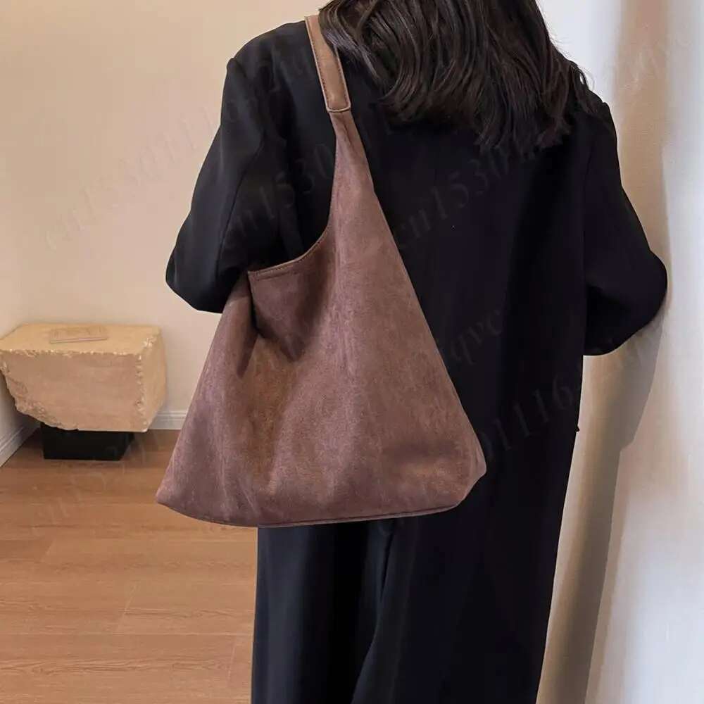designer bag Vintage Women's Suede Shoulder Simple Tote Large Capacity Stylish Commuting Bag Solid Color Hasp Closure Handbag