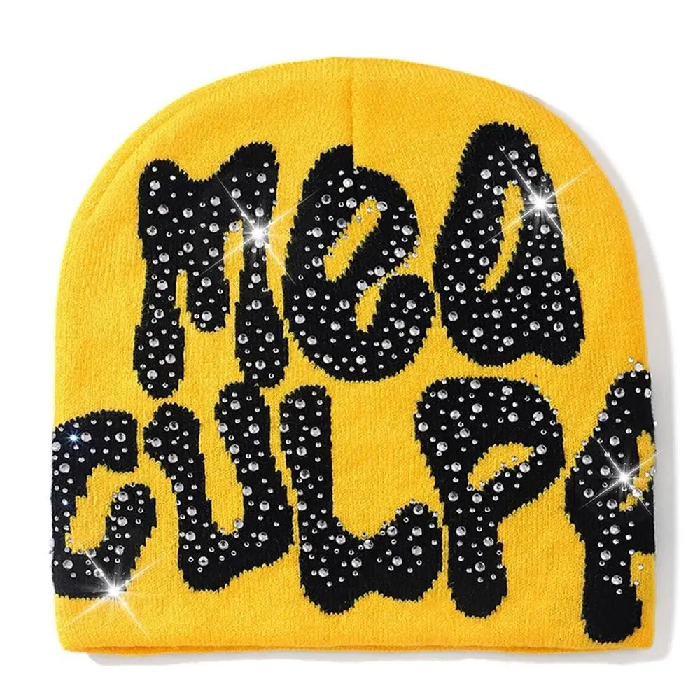MEA Culpa Beanies Hat with Rhinestone Women Men Fashion Trendy Y2k Beanies Hiphop Hat Soft Elastic Warm Knitted Slouchy Cap 251103