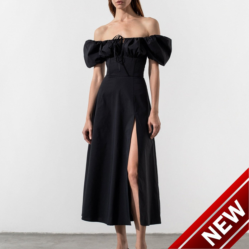 French dress for spring and summer of 2023 womens slimming commuter bubble sleeve lace-up slit long skirt