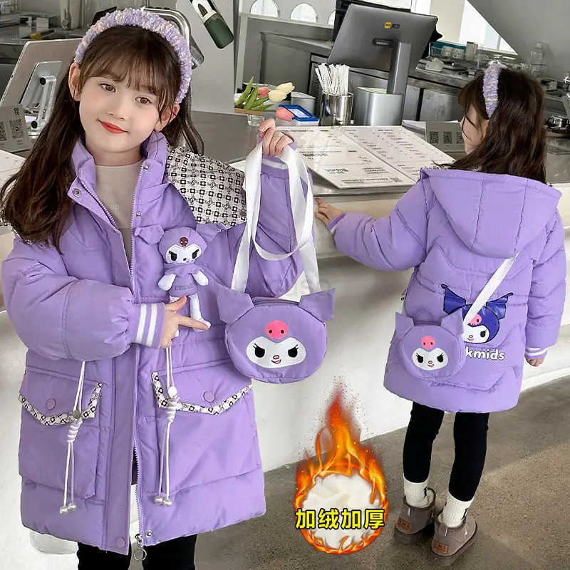 Sanrio Kawaii Winter Anime Kuromi Sanrios Kids Girls Cotton Jacket Long-Style Plush Hooded Thick Cute Down Jacket Cartoon Cotton Jacket H251104