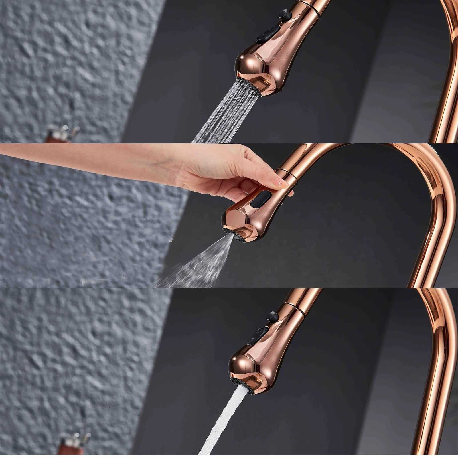 ZAPPO 3 Modes Kitchen Faucet Rose Gold 360 Swivel Pl Down Sink Faucets LED Temperature Display High-arc Hot Cold Mixer Tap Y251104