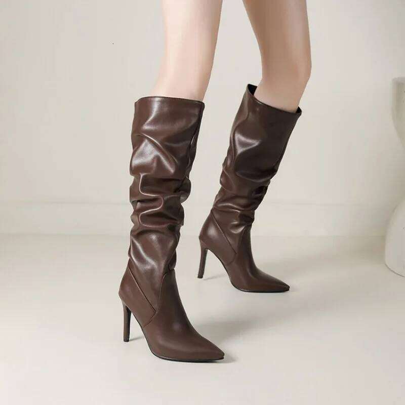 New Black Brown Pleated Lazy Long European American Style 10cm High-heeled Pointed Autumn Winter Women Knee High Boots 43