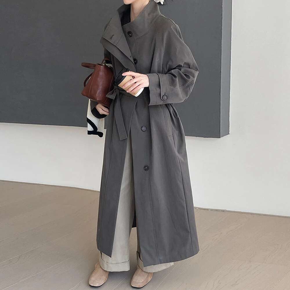 TWOTWINSTYLE Solid Casual Patchwork Lace Up Trench For Women Stand Collar Long Sleeve Spliced Button Loose Overcoat Female New