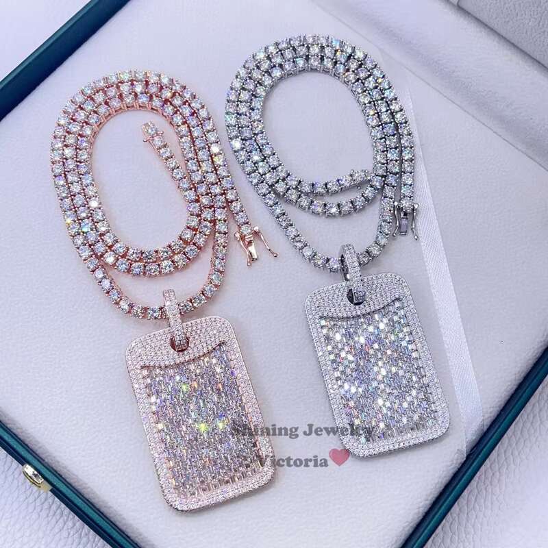 White Gold Rose Gold Hip Hop Iced Out VVS Moissanite Diamond Baguette Dog Tag Pendant