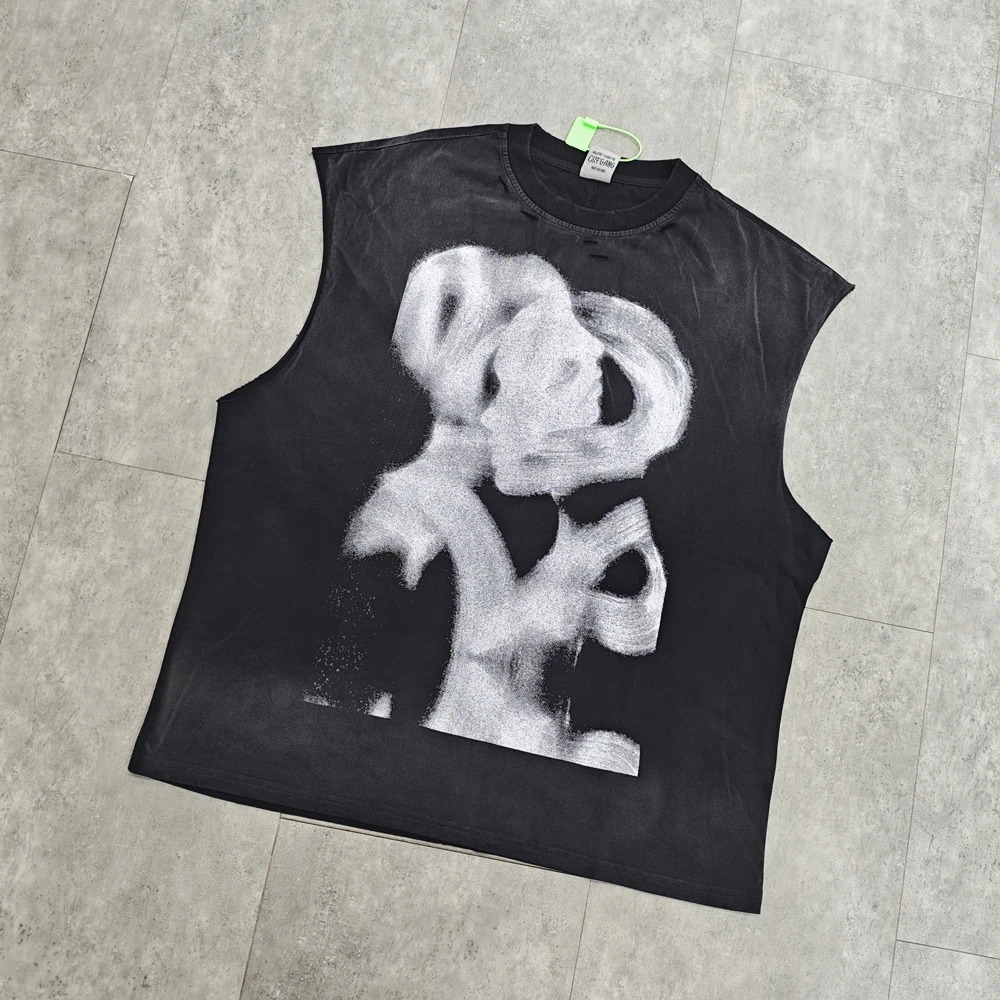 Yao888 fashion trend art print casual loose retro tank oversized mens top retro street style sleeveless mens vest 250402