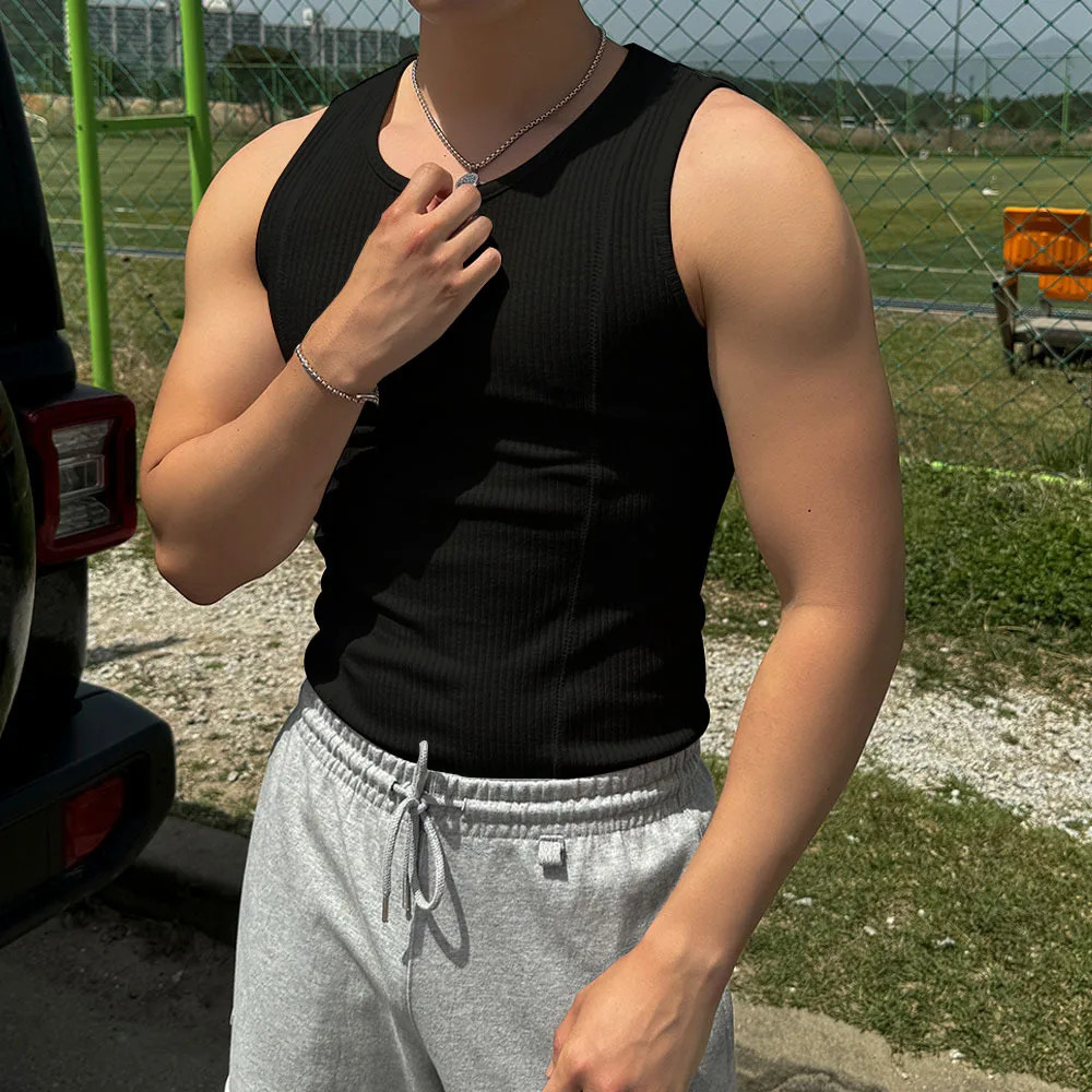 Premium Feel Tight Tank Top Mens Summer Fitness Patchwork Tank Top Elastic Slim Sleeveless T-shirt Line Vertical Stripe Travel 250402