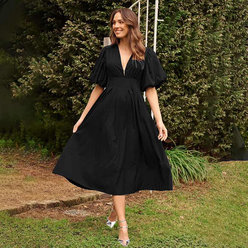 New 2025 Spring/Summer Womens Intelligent and Elegant V-neck Solid Color Dress