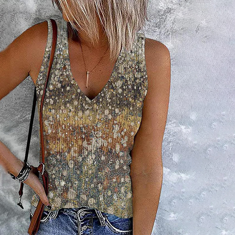 2025 Summer New Women's Casual Print V-neck Sleeveless T-shirt Tank Top