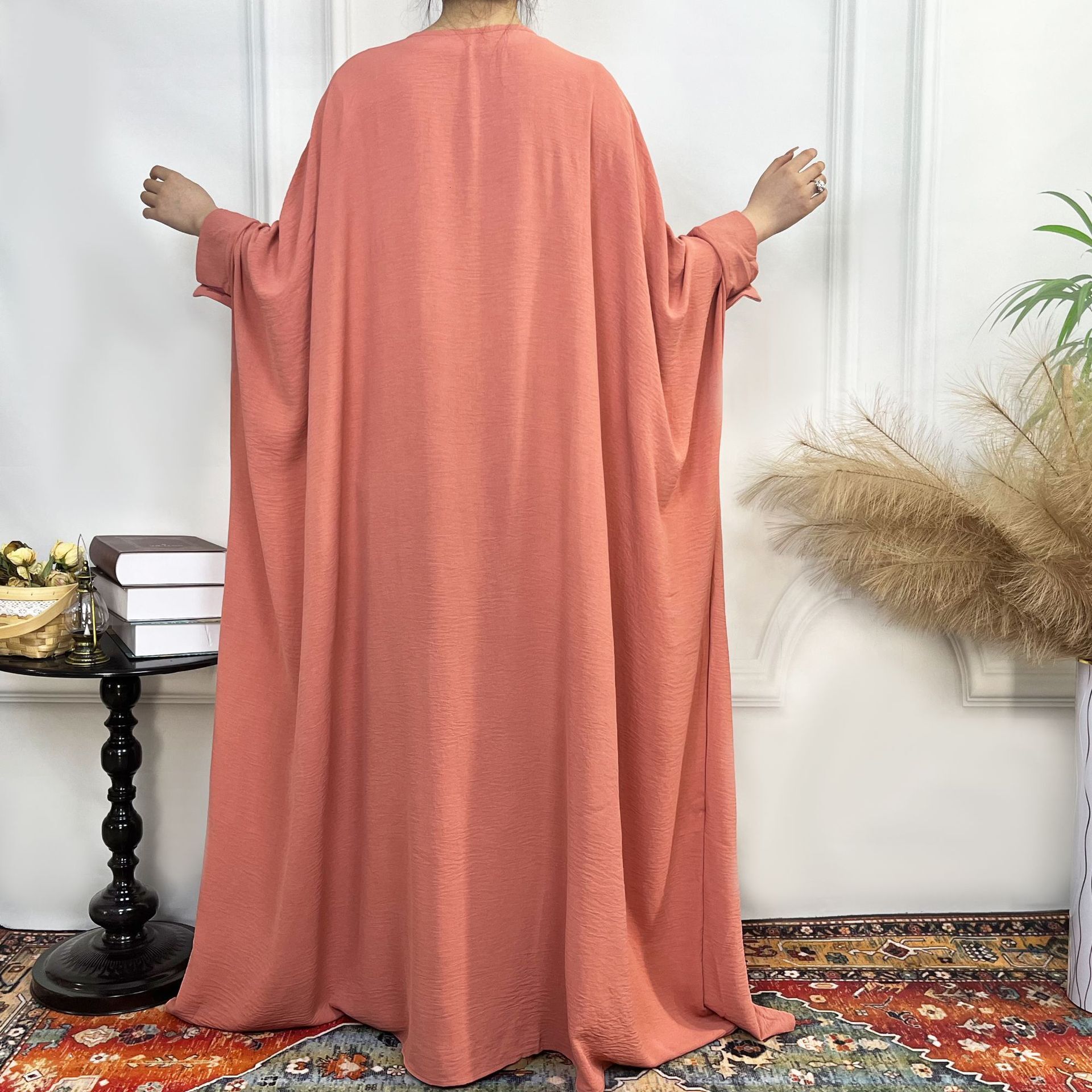 Fashion Solid Color Bat Sleeve Robe Zipper Adhesive Button Integrated Women's Dress Abaya Maxi Dresses Islamic Clothing