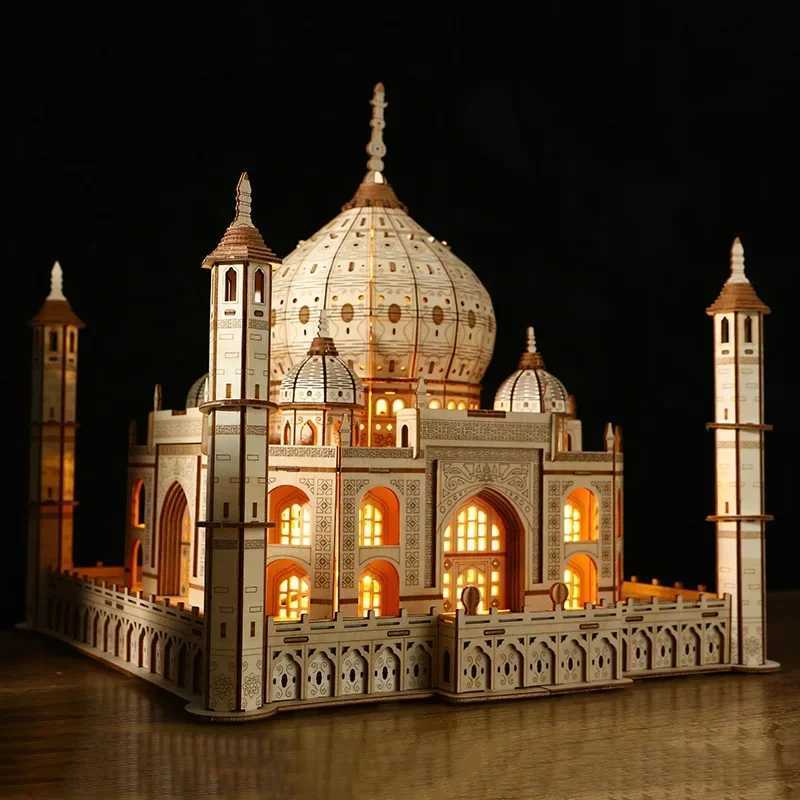 3D Wooden Puzzle House Royal Castle Taj Mahal With Light Assembly Toy For Kids Adult DIY Model Kits Desk Decoration for Gifts C251104