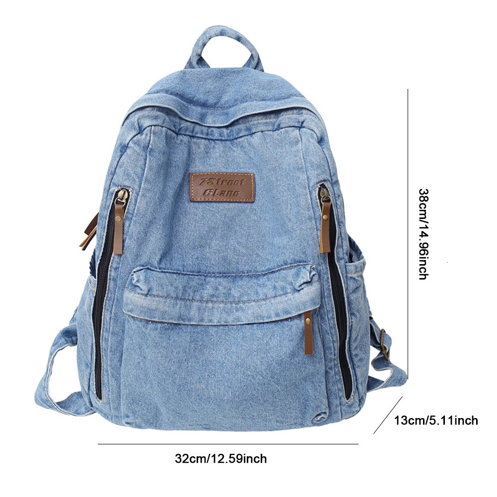 Student Denim Fashion Backpacks Zipper Bookbag Multi Pockets Large School Bag y251104