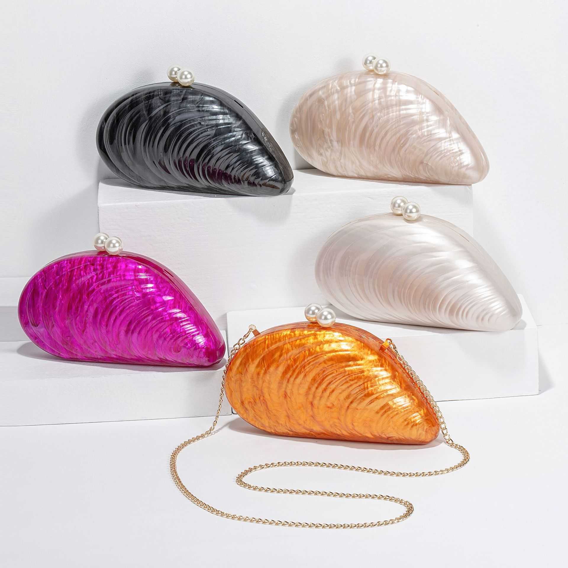 Womens New Single Shoulder Diagonal Cross Bag Shaped Shell Acrylic Bag Fashion Wedding Banquet Handbag