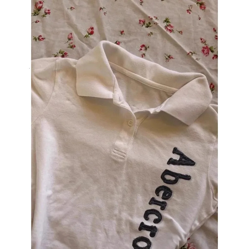 White Y2K Letter Embroidery Short-sleeved T-shirts American Retro Subculture Slim Tees Womens Harajuku Polo Collar Casual Tops 250403
