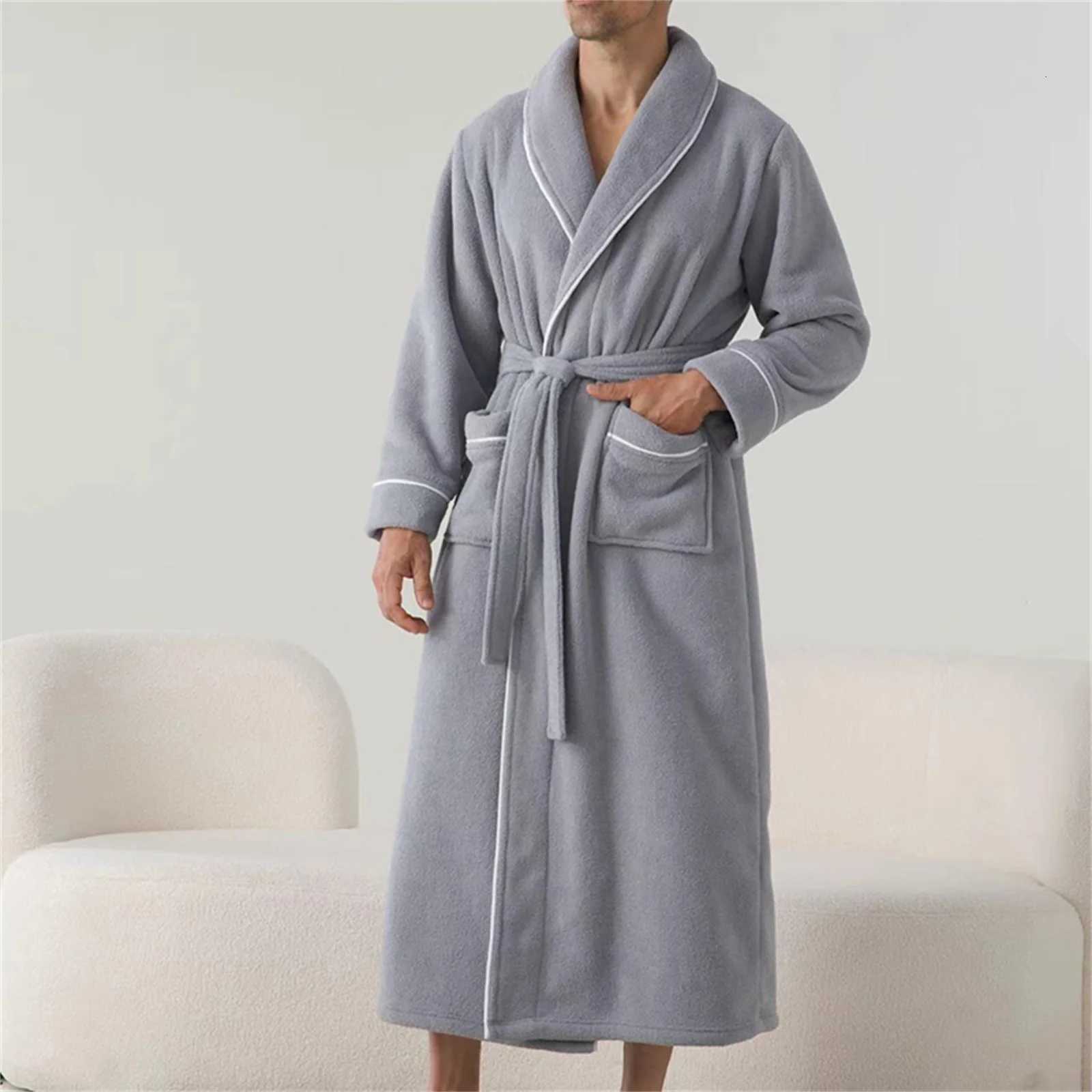 HEZIOWYUN Mens Plush Thicken Long Bathrobe Shawl Collar Soft Long Sleeve Lapel Spa Robe with Belt Winter Warm Robes Bath Shower C251104