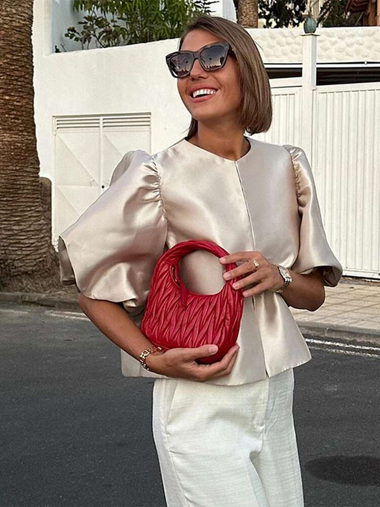 Satin Puffed Sleeves Short Top Loose Bubble Sleeved Round Neck Shirts Solid Color Female Blouse Spring Summer Women's Clothing