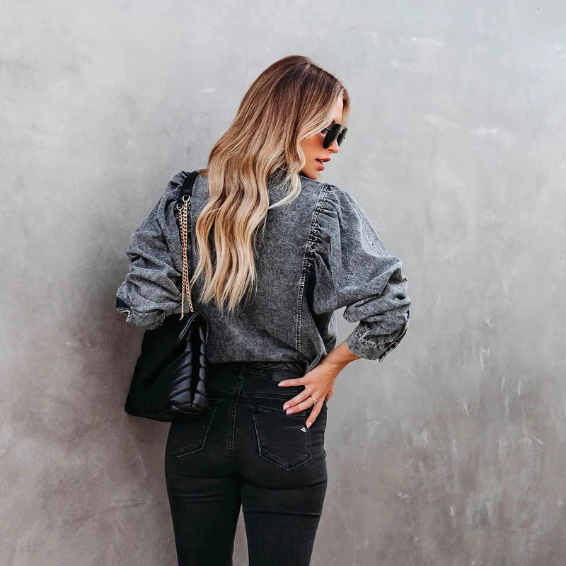 Girl Blouse Puff Long Sleeve Boho Denim Shirts Women Tops Vintage Cotton Blusas Casual Spring Autumn Loose Cowboy Shirt 250325