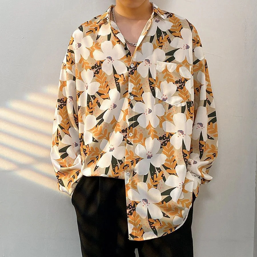 Mens long sleeved Hawaiian shirt Y2K summer print button up beach shirt mens streetwear mens fashionable casual shirt top 250403