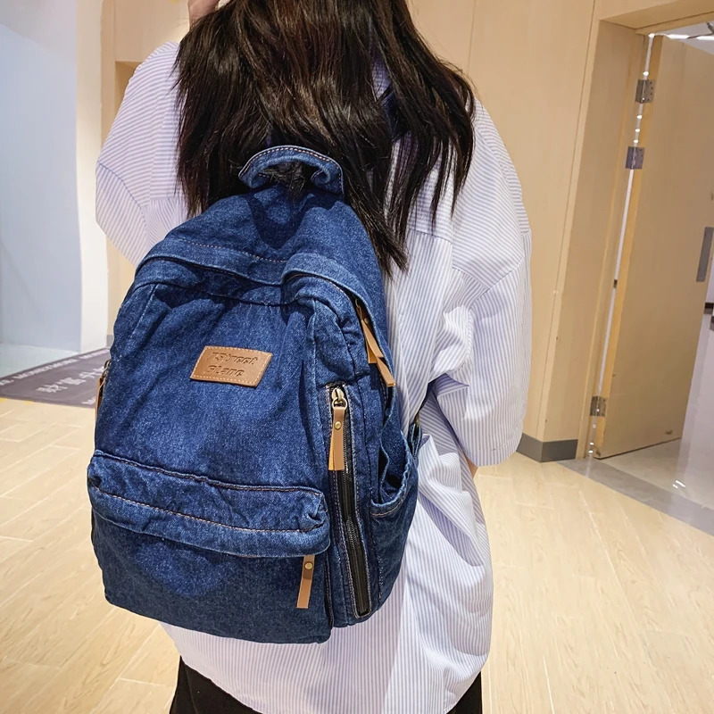 Student Denim Fashion Backpacks Zipper Bookbag Multi Pockets Large School Bag y251104