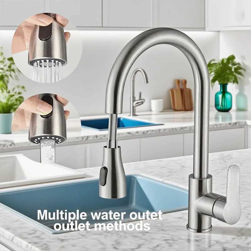 New Stainless Steel Kitchen Faucet with Pl Out Spray Single Hole 360 Swivel Sink Mixer Flow Spray Durable Easy to Install Y251104