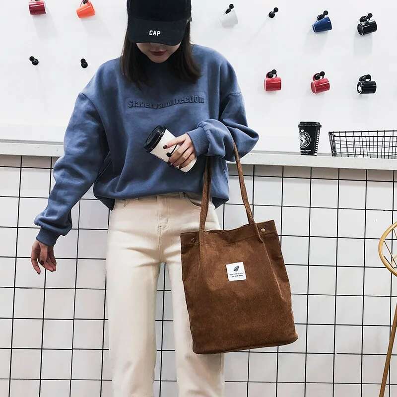 Women Corduroy Shoulder Shopping Bags Reusable Casual Outdoor Party Tote 2025 New Female Bag Handbags with Button Eco Organizer