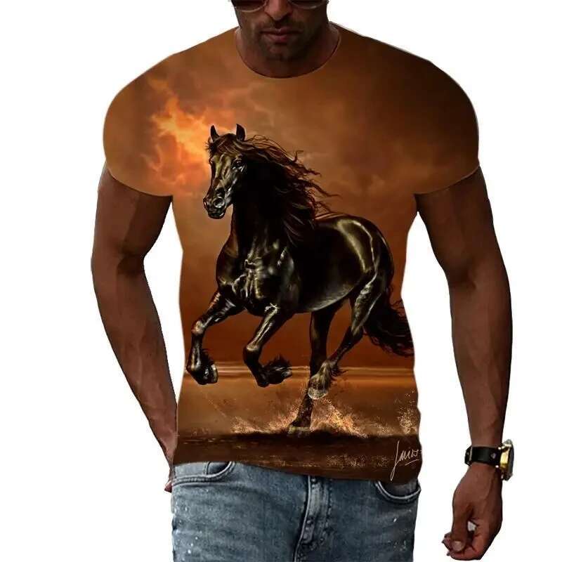New Tide Summer Fashion Horse Picture T-shirts Casual Print Tees Hip Hop Personality Round Neck Short Sleeve Tops