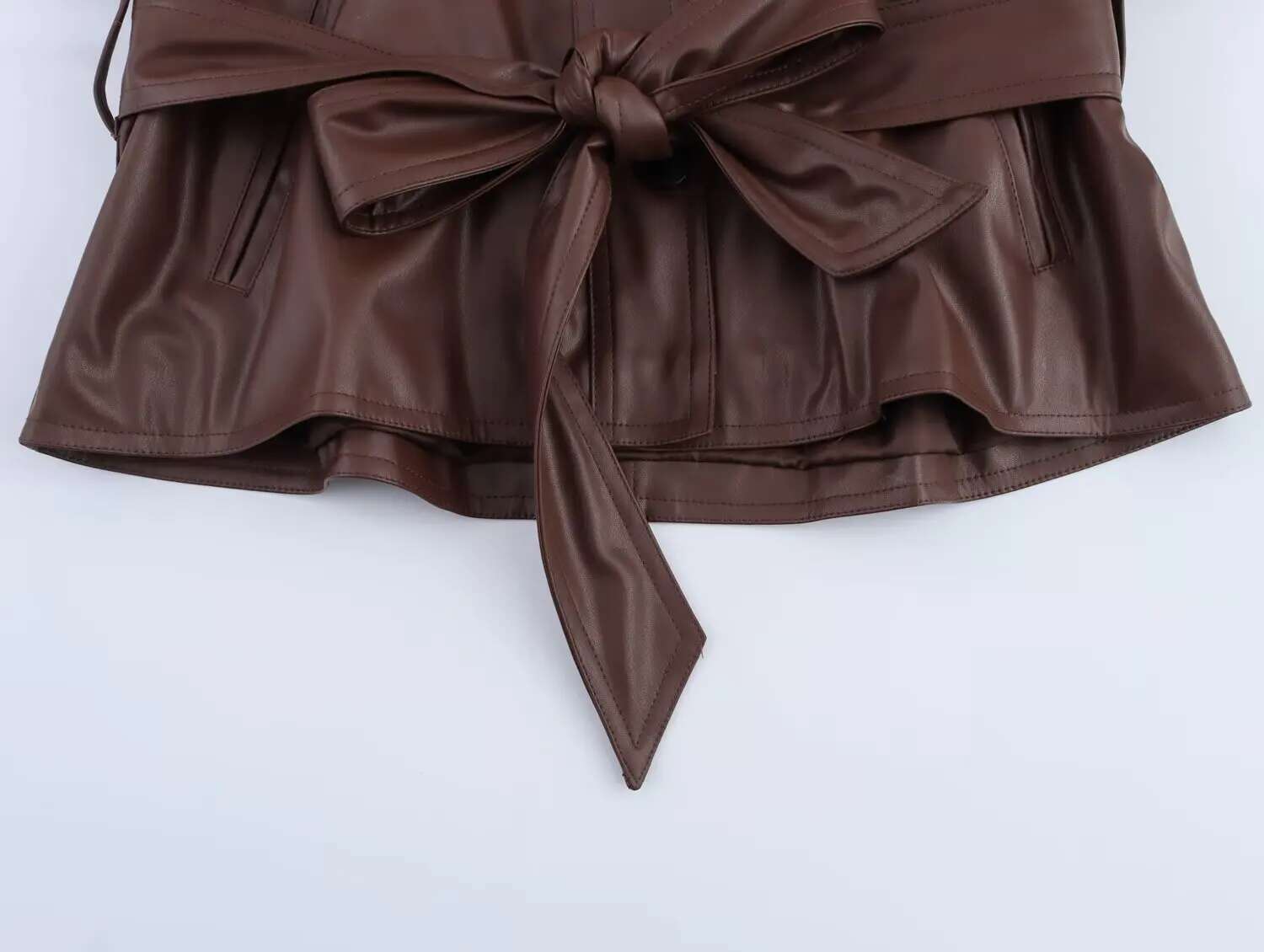 TRAFZA 2025 Spring Elegant Solid PU Windbreak Single Breasted Pockets Loose Jacket Sashes Fashion Women Casual Wind Coat