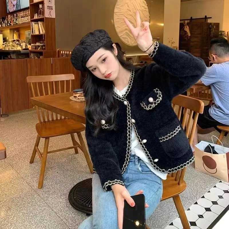 Elegant O Neck Office Women Knitted Jacket Autumn Winter Minklike Loose Sweater Pockets Cardigan French Style Casual Clothing J251103