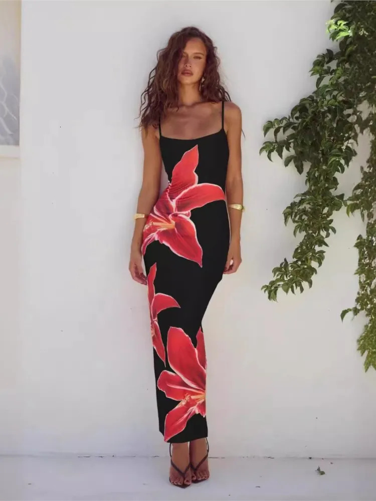 Floral print ultra-thin spaghetti strap dress womens sexy suit Hip Bodycon fashionable womens party club long dress 250328