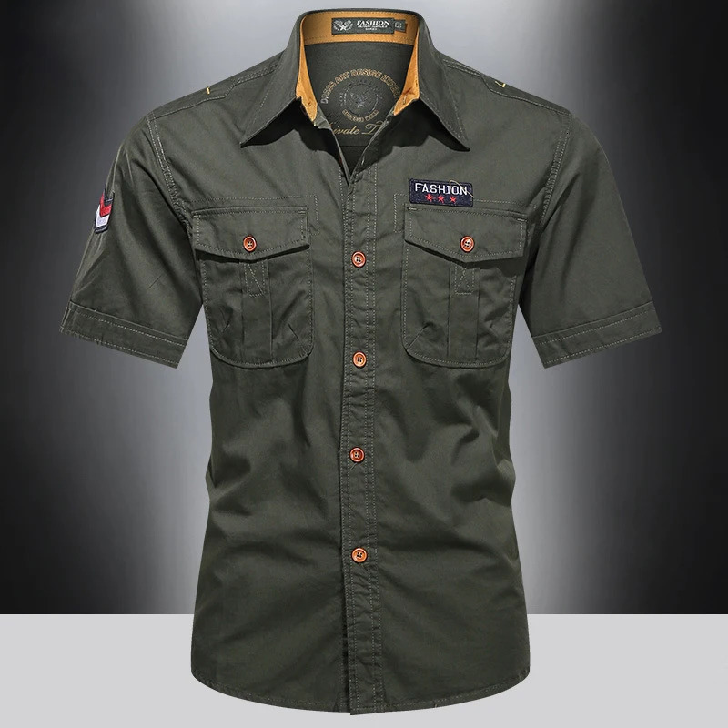 American pure cotton work shirt mens short sleeved multi pocket lapel top summer thin half jacket 250403