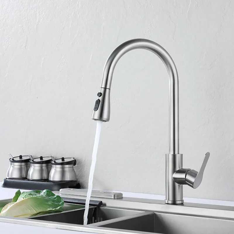 304 Stainless Steel Pl out Kitchen Faucet Deck Mounted Sink Water Tap with Mixer Stream Sprayer Hot Cold Taps for Kitchen Y251104