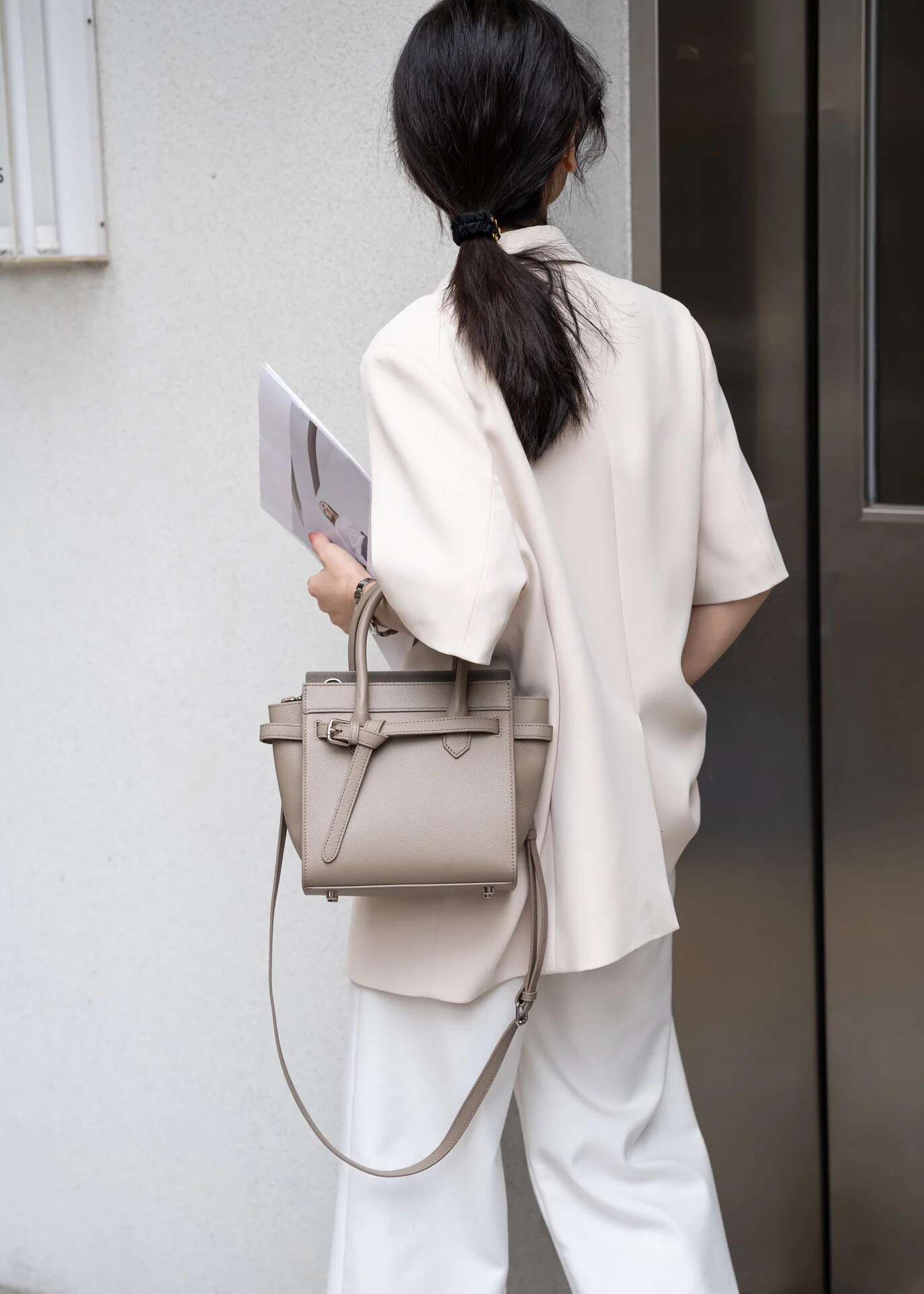 New Stylish Vintage Grey Color Trapeze Tote Natural Cow Leather Women's Platinum Handbag Commuter Office Female Shoulder Bag