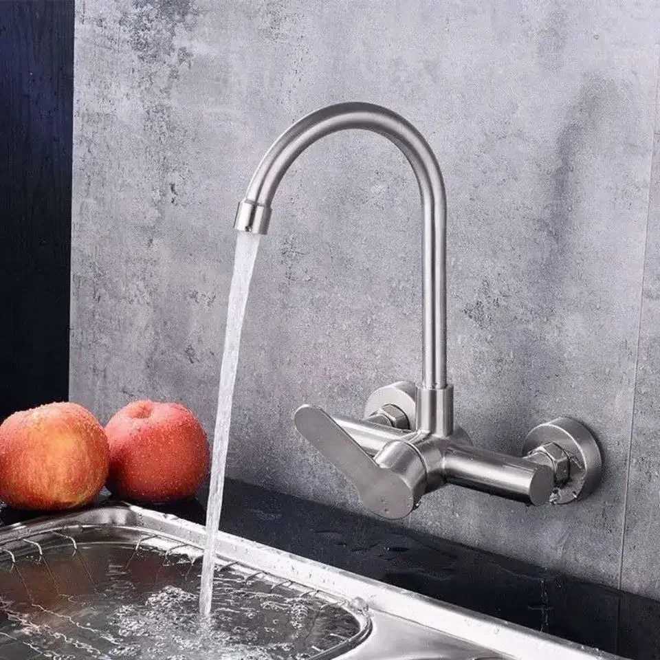 Double Hole Kitchen Faucet Wall Mounted Stainless Steel Washbasin Sink Faucet Hot and Cold Water Mixer Tap Bathro Faucets Y251104