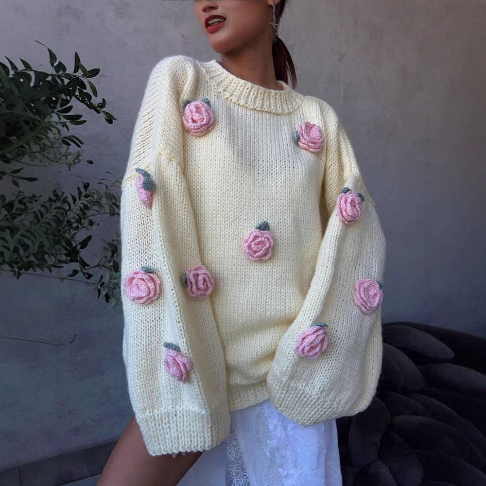 American European 3D Flower Decor Round Neck Autumn New Simple High-End Sweater Ins Style 2cfa 00f7