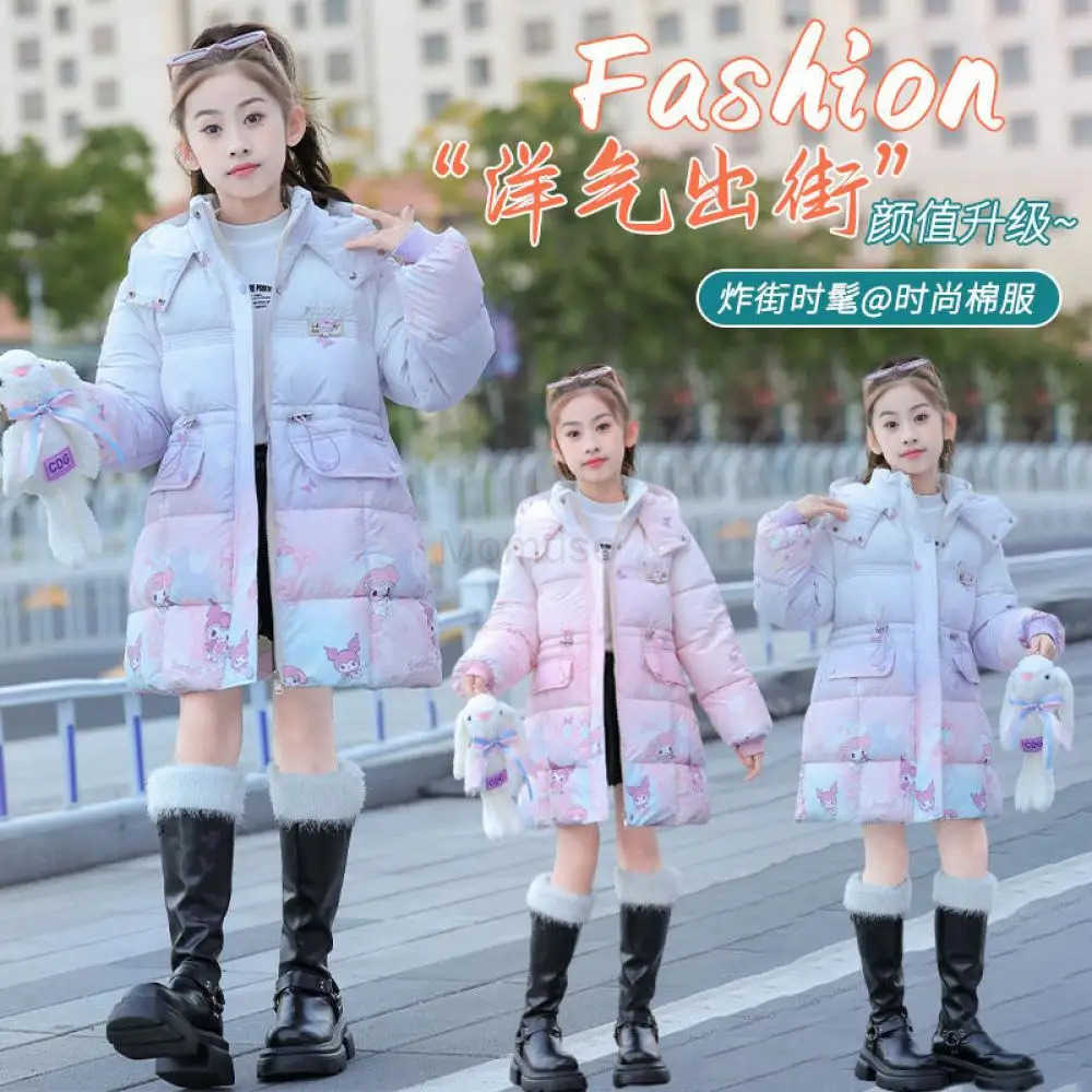 Sanrio Girls Kuromi Cotton Clothes Medium Length Child Coat Kawaii Thicken Cotton Padded Jacket Outwear Childrens Clothing Gift H251104