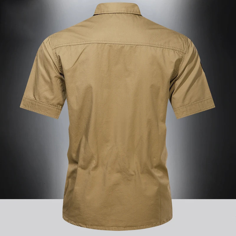 American pure cotton work shirt mens short sleeved multi pocket lapel top summer thin half jacket 250403