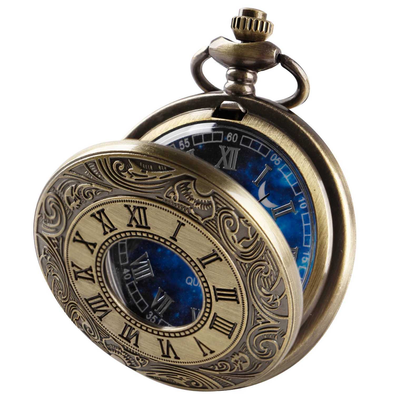 Special Antique Design Blue Dial Quartz Pocket Vintage Necklace Pendant Clock Mens and Wens Best Holiday GiftW251104