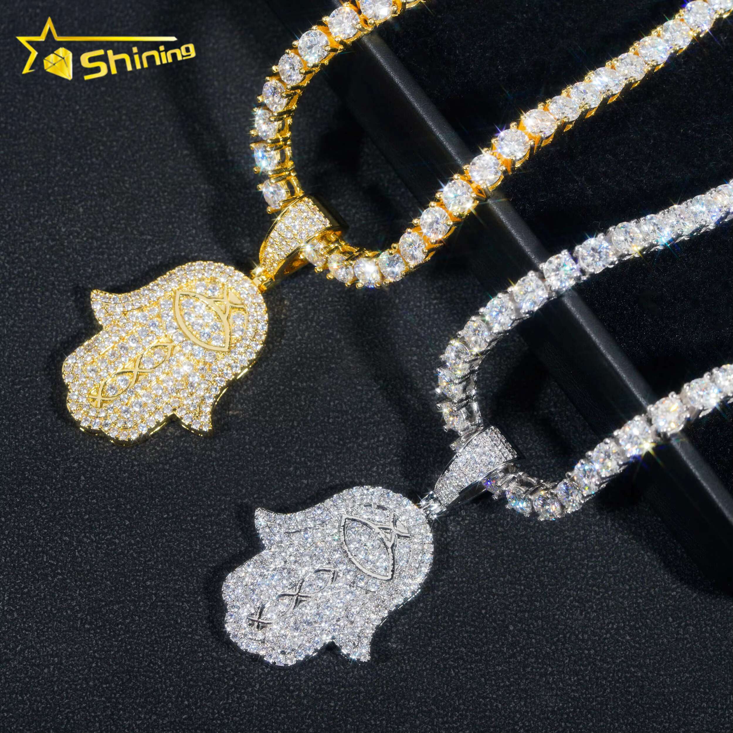 New Arrival Hip Hop Jewelry 18k Gold Plated Brass Pendants 5a Cz Diamond Hamsa Hand Charm Pendants with Tennis Chains