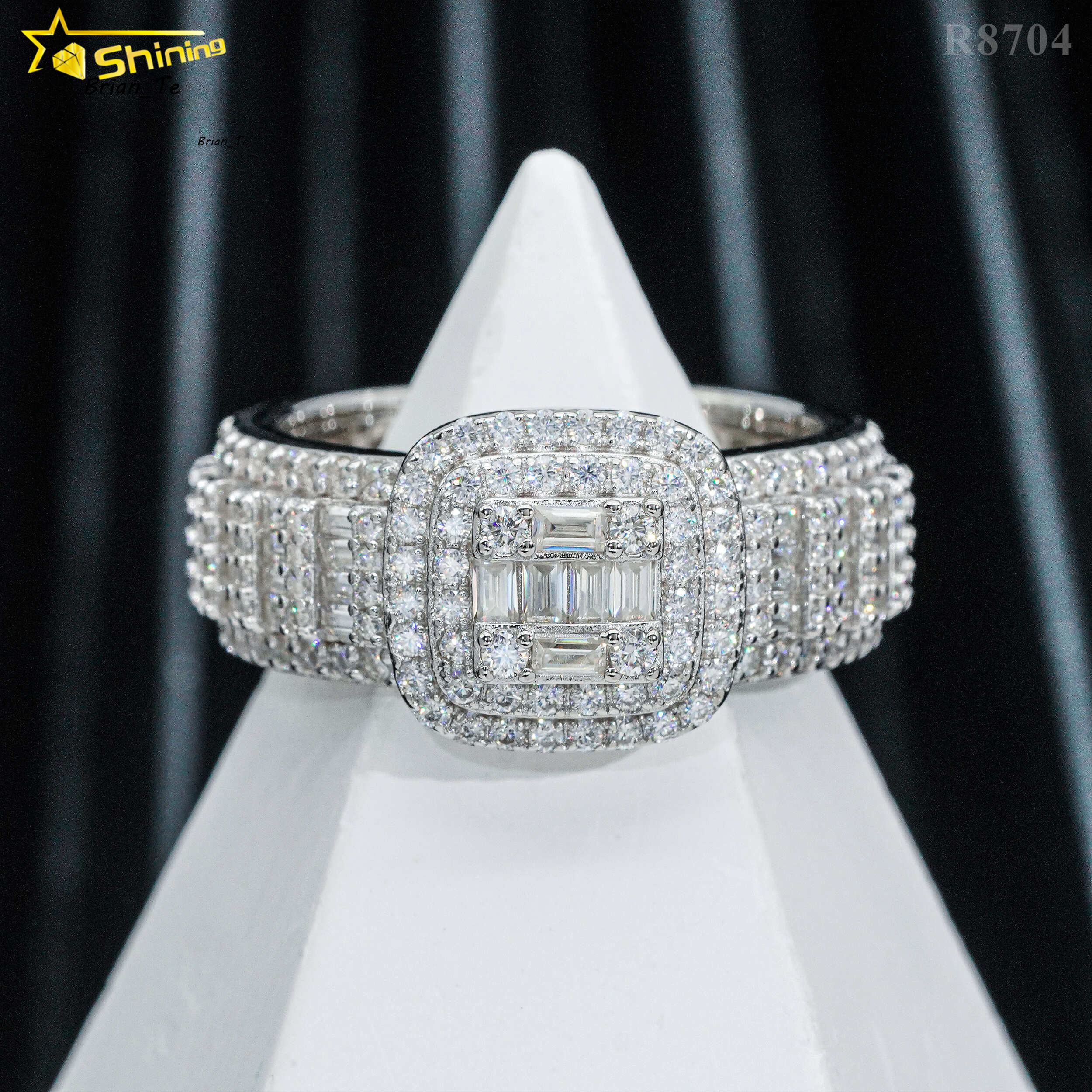 Hip Hop Jewelry Gold Plated 925 Silver Luxury Mens Ring baguette Moissanite Diamond Iced Out Rings