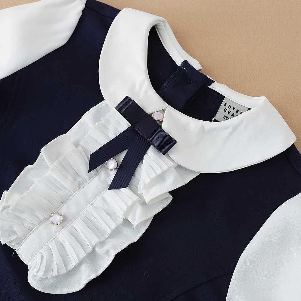 Girls Dresses 2025 Preppy Style Dresses Kids Ruffle Collar Long Sleeved Clothes Children Dresses with Bow for 5-12 Years C251104